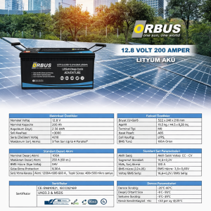 ORBUS 12.8 Volt 200 Amper LiFePO4 Lityum Akü | Solar Sistem, Karavan & Marin Uyumlu